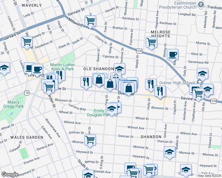 map of restaurants, bars, coffee shops, grocery stores, and more near 2607 Devine Street in Columbia