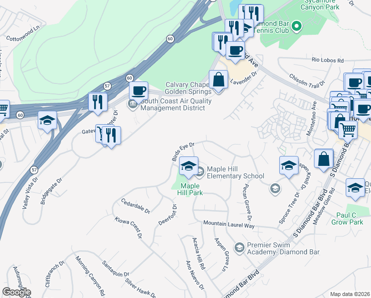 map of restaurants, bars, coffee shops, grocery stores, and more near 22443 Birds Eye Drive in Diamond Bar