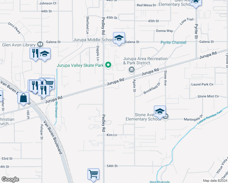 map of restaurants, bars, coffee shops, grocery stores, and more near 4930 Pedley Road in Riverside