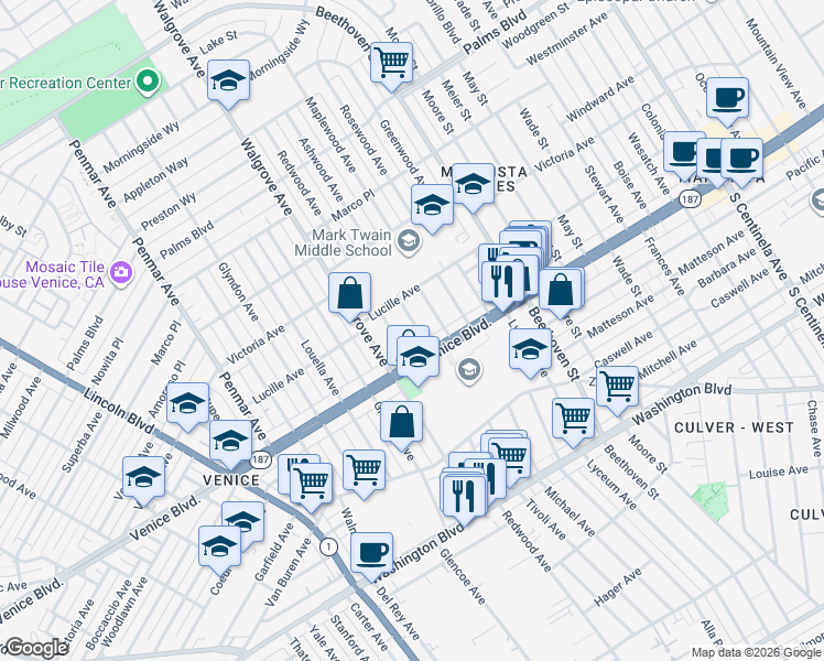 map of restaurants, bars, coffee shops, grocery stores, and more near 3775 Ashwood Avenue in Los Angeles