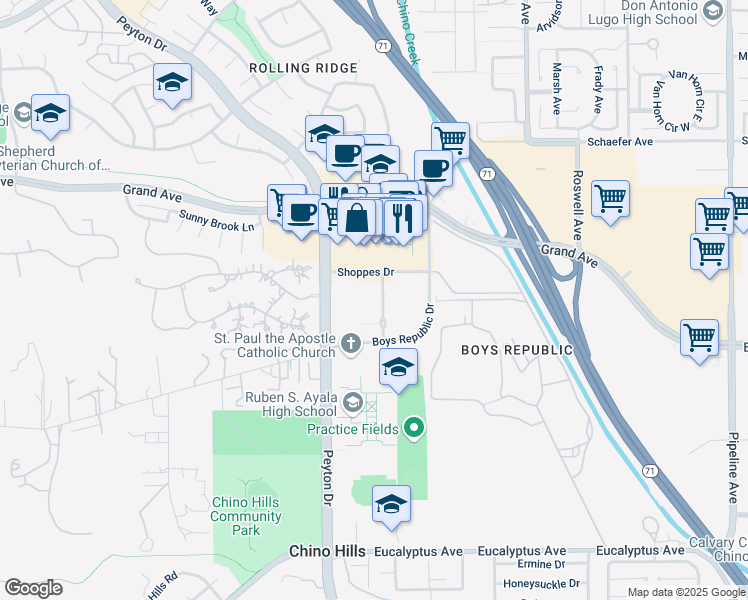 map of restaurants, bars, coffee shops, grocery stores, and more near 14010 City Center Drive in Chino Hills