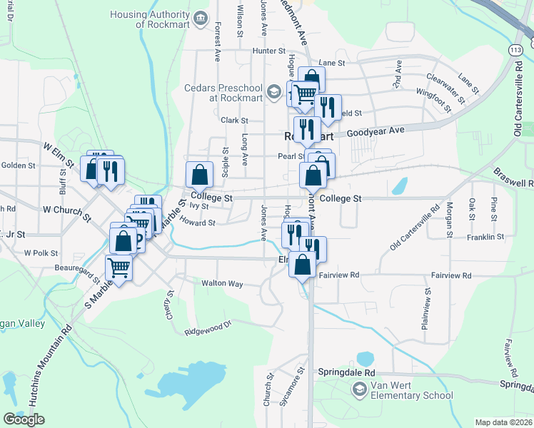 map of restaurants, bars, coffee shops, grocery stores, and more near 304 Jones Avenue in Rockmart