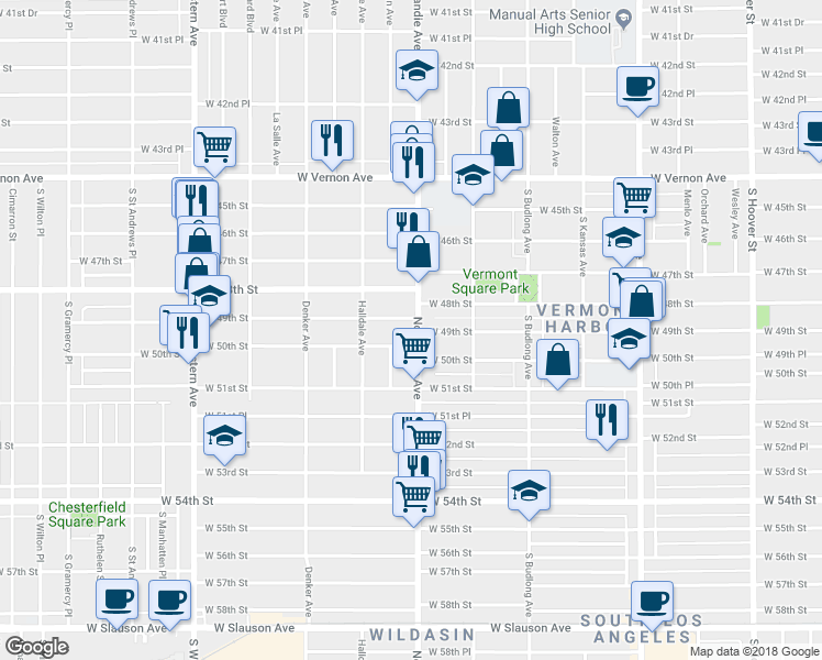 map of restaurants, bars, coffee shops, grocery stores, and more near 4911 Normandie Avenue in Los Angeles