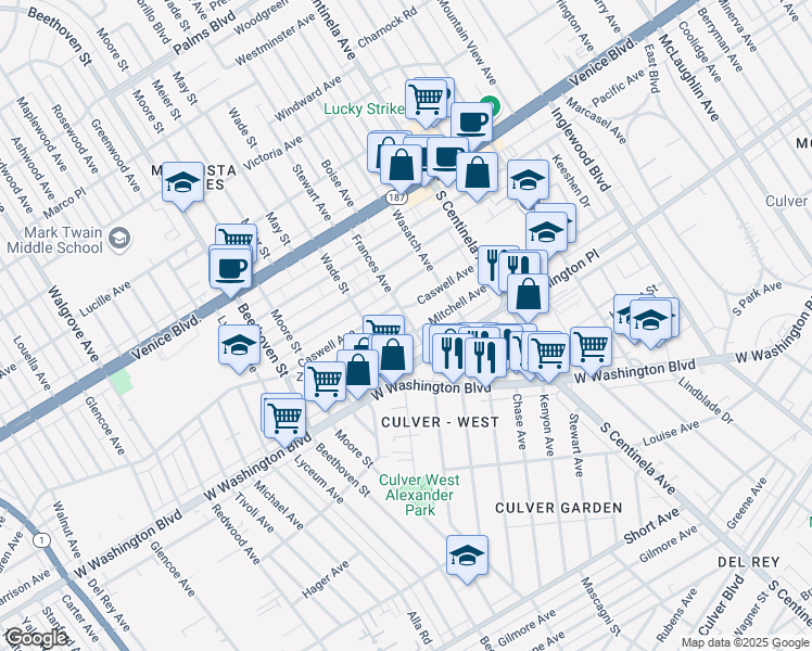 map of restaurants, bars, coffee shops, grocery stores, and more near 3953 Frances Avenue in Los Angeles