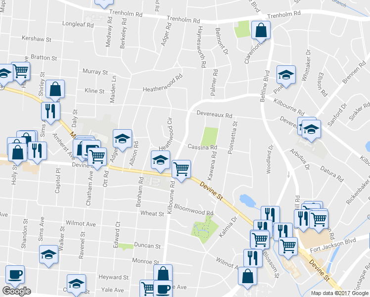 map of restaurants, bars, coffee shops, grocery stores, and more near 754 Kilbourne Road in Columbia