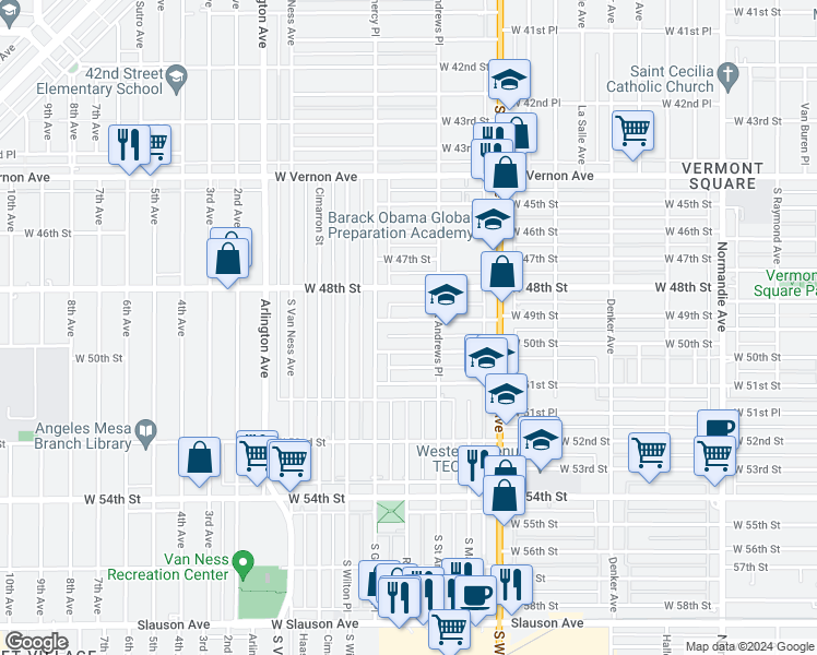 map of restaurants, bars, coffee shops, grocery stores, and more near 1832 West 49th Street in Los Angeles