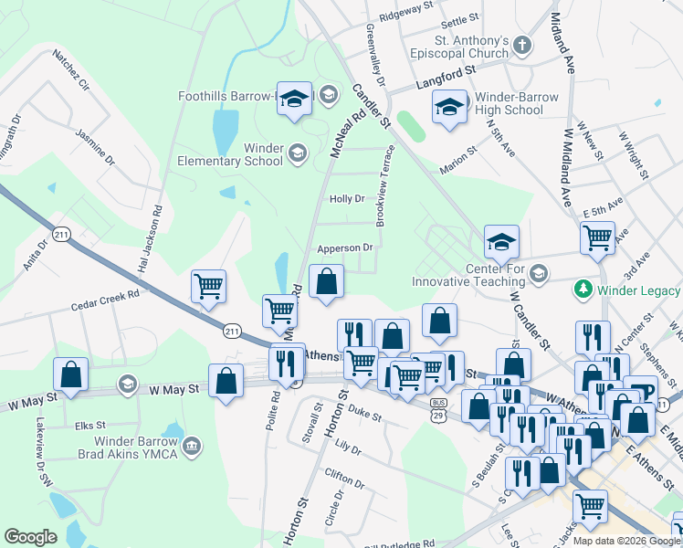 map of restaurants, bars, coffee shops, grocery stores, and more near 284 Apperson Drive in Winder