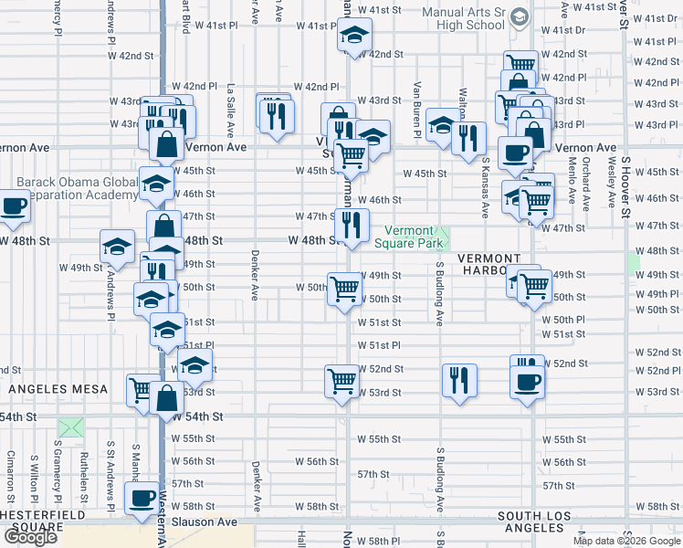 map of restaurants, bars, coffee shops, grocery stores, and more near 4911 Normandie Avenue in Los Angeles