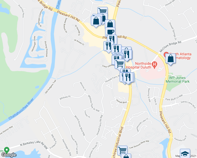 map of restaurants, bars, coffee shops, grocery stores, and more near 1917 Crest Village Drive in Duluth
