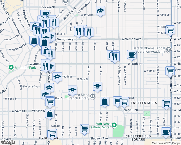 map of restaurants, bars, coffee shops, grocery stores, and more near 4904 6th Avenue in Los Angeles