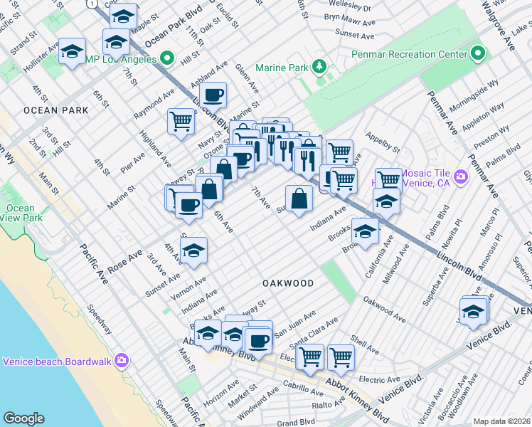 map of restaurants, bars, coffee shops, grocery stores, and more near 653 Sunset Avenue in Los Angeles