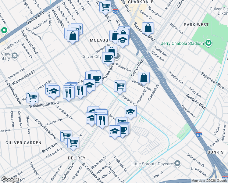 map of restaurants, bars, coffee shops, grocery stores, and more near 4365 McLaughlin Avenue in Los Angeles
