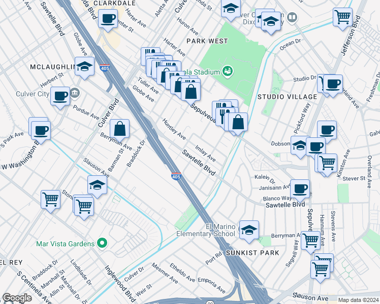 map of restaurants, bars, coffee shops, grocery stores, and more near 4820 Sawtelle Boulevard in Culver City
