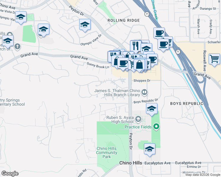 map of restaurants, bars, coffee shops, grocery stores, and more near 14020 Golden Raintree Lane in Chino Hills