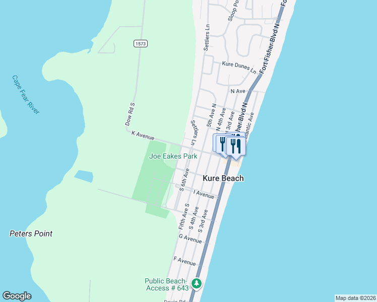 map of restaurants, bars, coffee shops, grocery stores, and more near 102 South 6th Avenue in Kure Beach