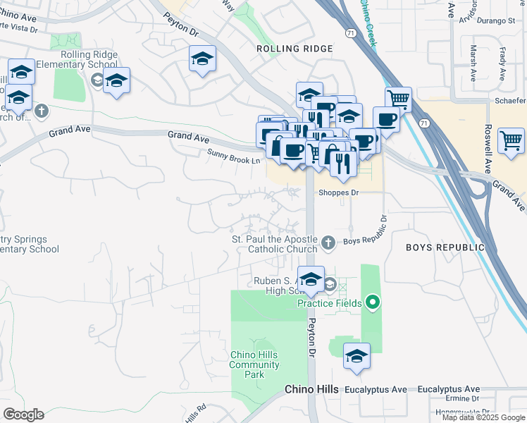map of restaurants, bars, coffee shops, grocery stores, and more near 3176 Giant Forest Loop in Chino Hills