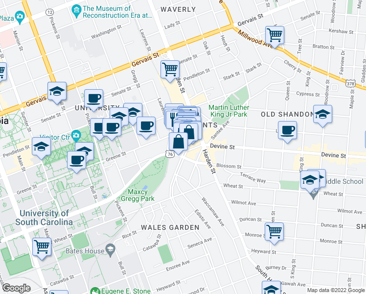 map of restaurants, bars, coffee shops, grocery stores, and more near 709 Saluda Avenue in Columbia