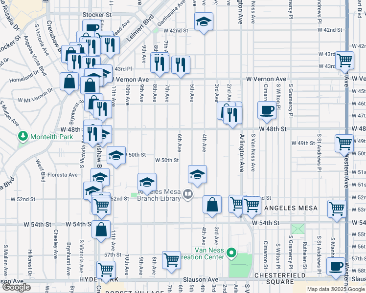 map of restaurants, bars, coffee shops, grocery stores, and more near 4904 6th Avenue in Los Angeles