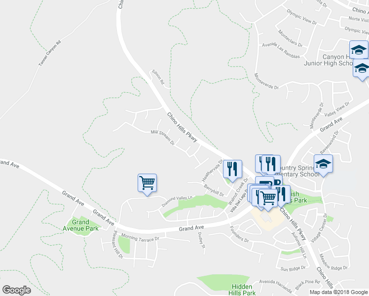 map of restaurants, bars, coffee shops, grocery stores, and more near 14026 Plum Hollow Lane in Chino Hills