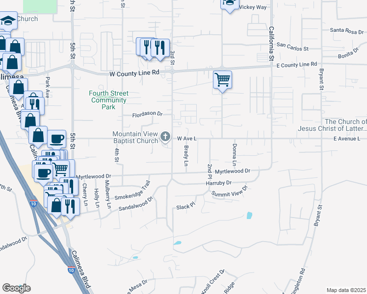 map of restaurants, bars, coffee shops, grocery stores, and more near 1052 Brady Lane in Calimesa
