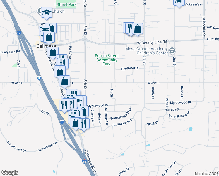 map of restaurants, bars, coffee shops, grocery stores, and more near 1060 4th Street in Calimesa