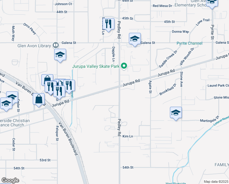 map of restaurants, bars, coffee shops, grocery stores, and more near 4930 Pedley Road in Riverside