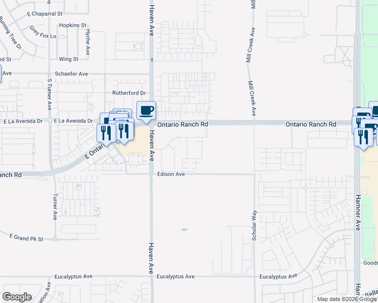 map of restaurants, bars, coffee shops, grocery stores, and more near 10615 Edison Avenue in Ontario