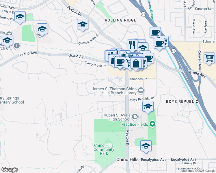 map of restaurants, bars, coffee shops, grocery stores, and more near 14020 Golden Raintree Lane in Chino Hills