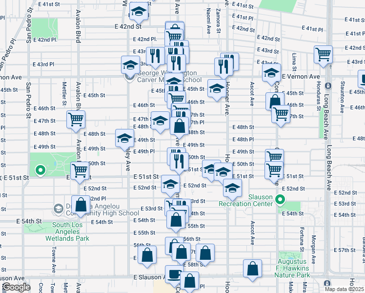 map of restaurants, bars, coffee shops, grocery stores, and more near 1143 East 49th Street in Los Angeles