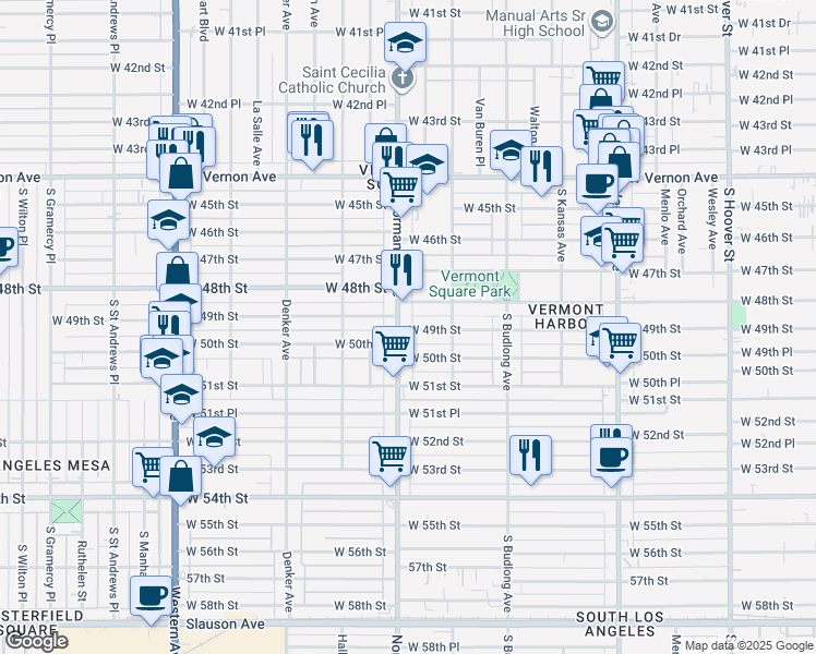 map of restaurants, bars, coffee shops, grocery stores, and more near 4901 Normandie Avenue in Los Angeles