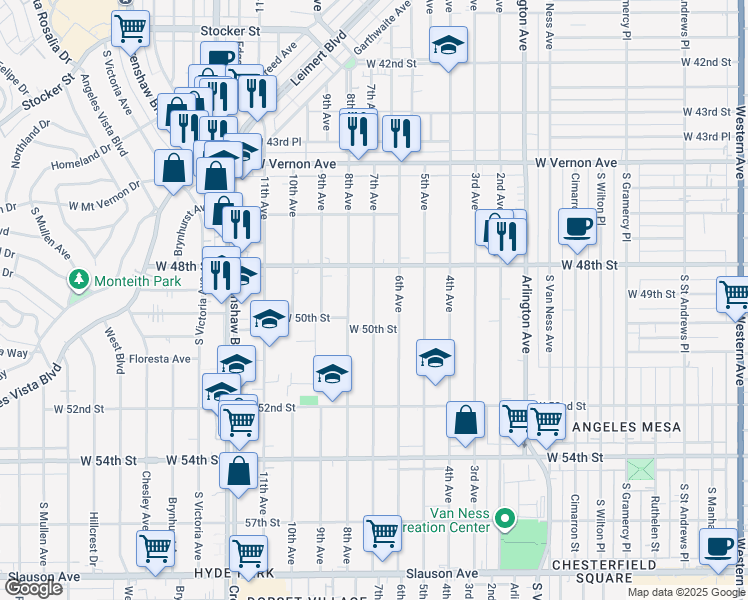 map of restaurants, bars, coffee shops, grocery stores, and more near 4830 7th Avenue in Los Angeles