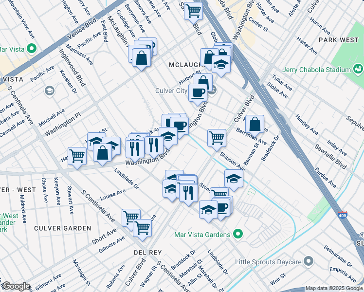 map of restaurants, bars, coffee shops, grocery stores, and more near 11737 Courtleigh Drive in Los Angeles