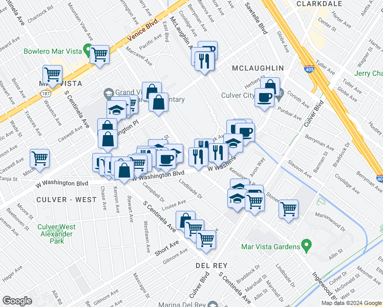 map of restaurants, bars, coffee shops, grocery stores, and more near 4177 Marcasel Avenue in Los Angeles
