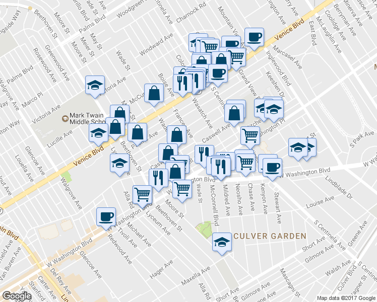 map of restaurants, bars, coffee shops, grocery stores, and more near 12626 Caswell Avenue in Los Angeles