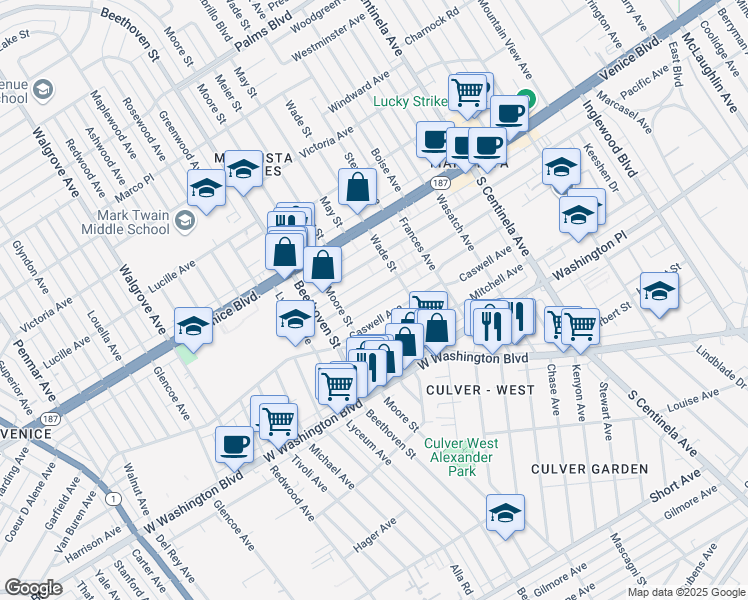 map of restaurants, bars, coffee shops, grocery stores, and more near 12720 Matteson Avenue in Los Angeles