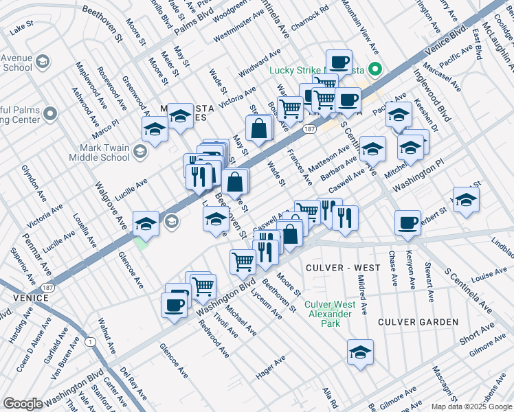 map of restaurants, bars, coffee shops, grocery stores, and more near 12757 Matteson Avenue in Los Angeles