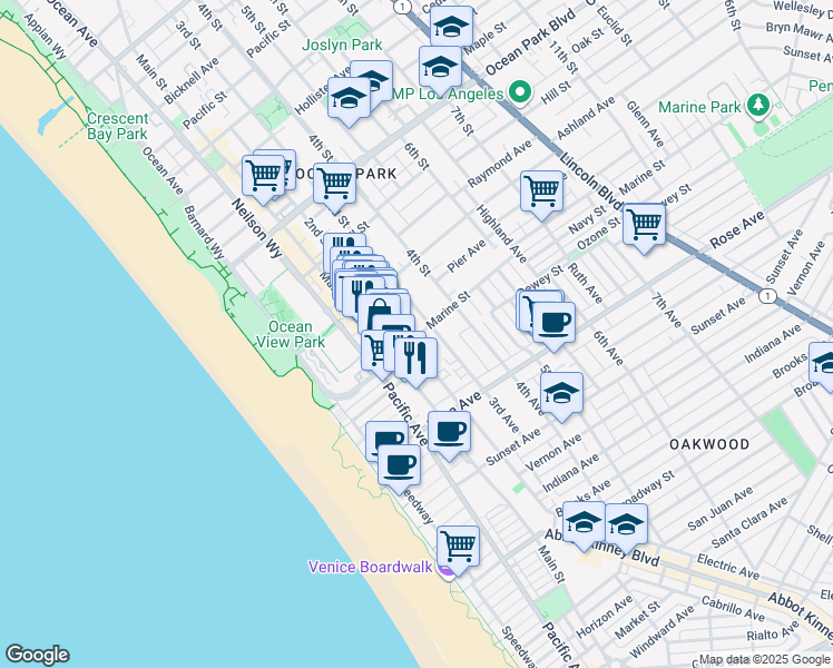 map of restaurants, bars, coffee shops, grocery stores, and more near 3017 2nd Street in Santa Monica