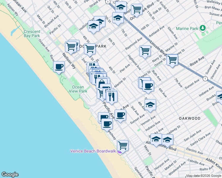 map of restaurants, bars, coffee shops, grocery stores, and more near 3017 2nd Street in Santa Monica