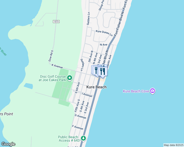 map of restaurants, bars, coffee shops, grocery stores, and more near 404 K Avenue in Kure Beach
