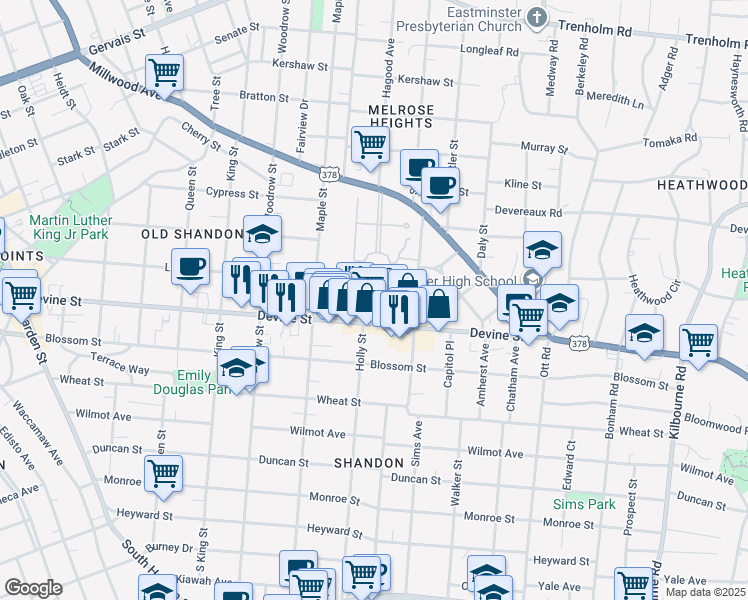 map of restaurants, bars, coffee shops, grocery stores, and more near 729 Olive Street in Columbia