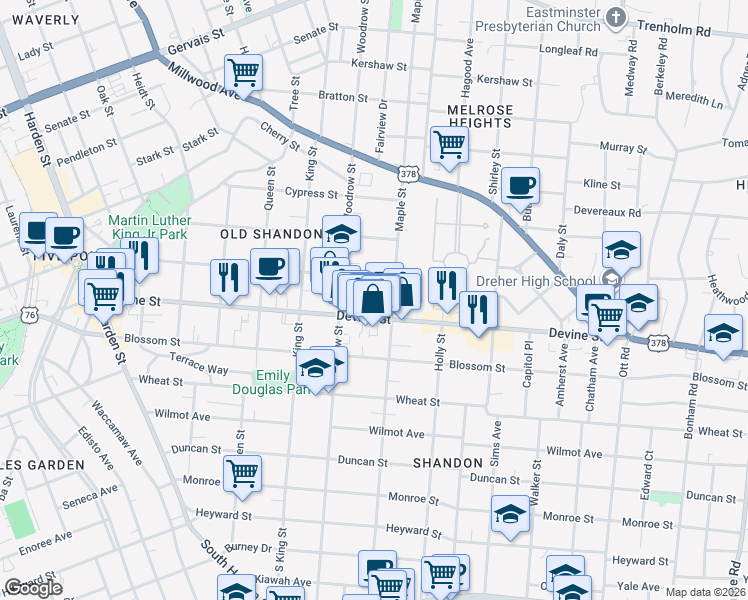 map of restaurants, bars, coffee shops, grocery stores, and more near 103G Maple Street in Columbia