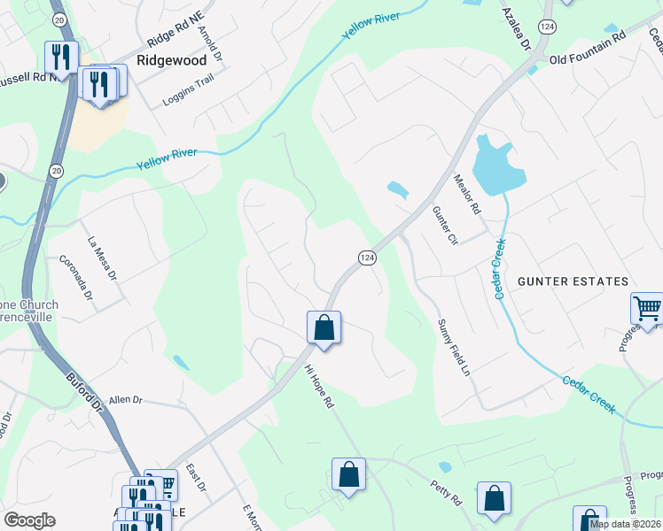 map of restaurants, bars, coffee shops, grocery stores, and more near 808 Georgia 124 in Lawrenceville