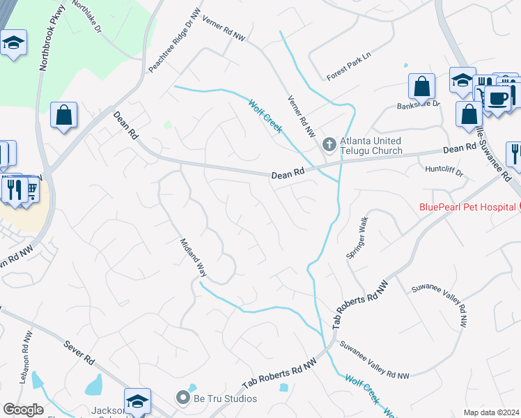 map of restaurants, bars, coffee shops, grocery stores, and more near 1001 Slash Pine Court in Lawrenceville