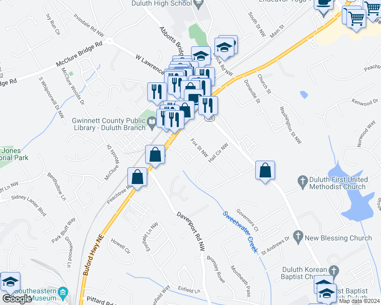 map of restaurants, bars, coffee shops, grocery stores, and more near 3421 Fox Street Northwest in Duluth