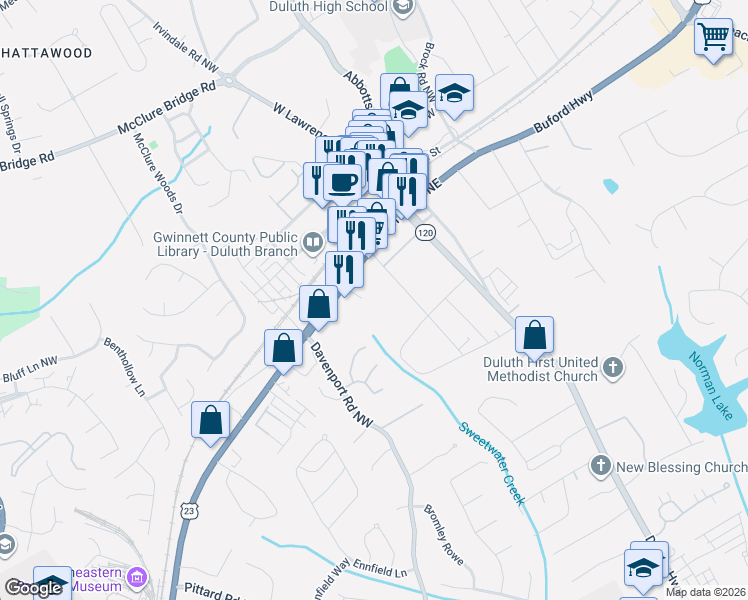map of restaurants, bars, coffee shops, grocery stores, and more near 3200 Buford Highway in Duluth