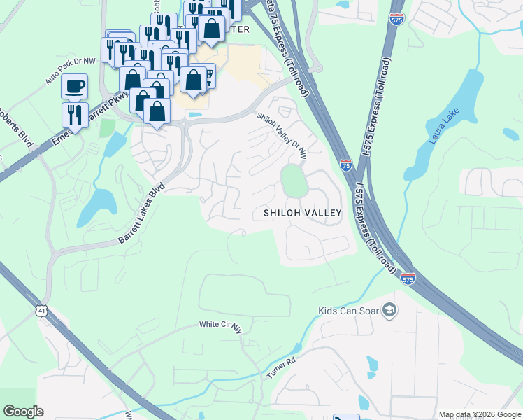 map of restaurants, bars, coffee shops, grocery stores, and more near 2073 Jackson Ridge Cove Northwest in Kennesaw