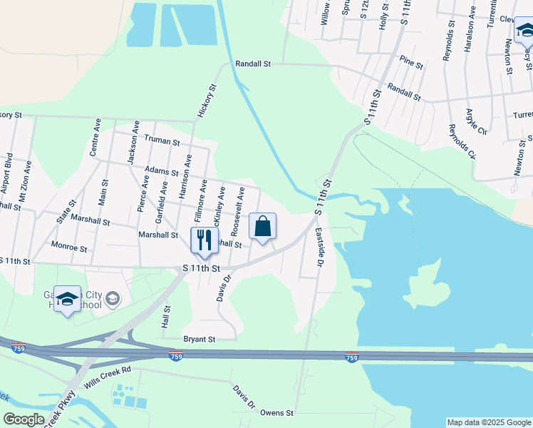 map of restaurants, bars, coffee shops, grocery stores, and more near 1509 Van Buren Avenue in Gadsden