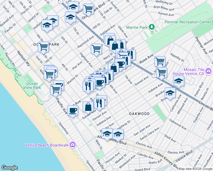 map of restaurants, bars, coffee shops, grocery stores, and more near 535 Rose Avenue in Los Angeles