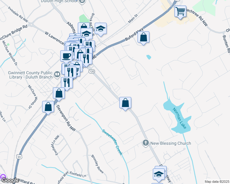 map of restaurants, bars, coffee shops, grocery stores, and more near 3348 Georgia 120 in Duluth