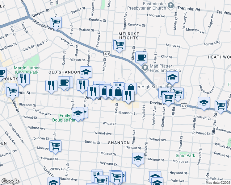 map of restaurants, bars, coffee shops, grocery stores, and more near 723 Holly Street in Columbia
